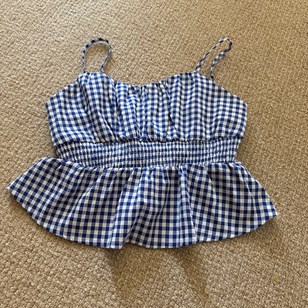Blue and White Gingham Peplum Top